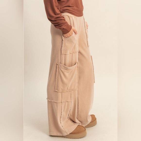 CloudDweller Mineral Washed Cotton Cozy Butter Soft Wide Leg Cargo DustyRosewood - Picture 3 of 4